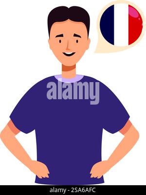Il giovane parla francese, rappresentato da una bolla di discorso con la bandiera francese. Giovane che parla il concetto di apprendimento della lingua francese Illustrazione Vettoriale
