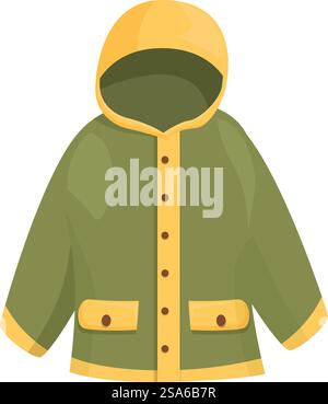Impermeabile verde con cappuccio giallo che protegge da freddo e pioggia, perfetto per escursioni e attività all'aperto. Impermeabile verde che protegge dalle tempeste Illustrazione Vettoriale