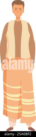 Il giovane indiano è in piedi e sorride indossando abiti tradizionali. Giovane indiano che rappresenta il suo paese e la sua cultura Illustrazione Vettoriale