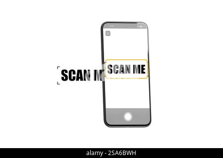 Scansione del testo sullo schermo tramite fotocamera del telefono, isolamento, rendering 3d. Connessione smartphone per la scansione senza contatto di documenti o prezzi. Applicazione dispositivo letta Foto Stock