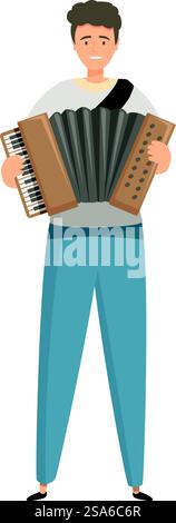 Il giovane musicista suona una fisarmonica con un sorriso sul viso. Giovane musicista che suona la fisarmonica indossando abiti casual Illustrazione Vettoriale