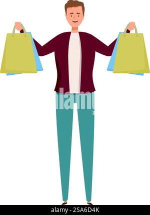Il giovane tiene le borse della spesa e sorride. Concetto di shopping, sconti, vendite, Black friday. Un cliente soddisfatto ha in mano borse della spesa, un concetto di shopping di successo Illustrazione Vettoriale
