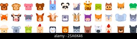 set di icone della faccia quadrata animale. Ampia collezione di volti di animali dall'aspetto amichevole nei quadrati, perfetti per qualsiasi progetto che necessiti di un tocco di freschezza. set di icone della faccia quadrata animale. Graziosi animali domestici e selvatici quadrati che posano su uno sfondo bianco Illustrazione Vettoriale