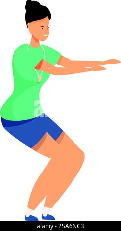 L'arbitro femminile sta accovacciando e usando i segnali delle mani per officiare una partita sportiva. Arbitro femmina accovacciato e che mostra i segnali della mano durante la partita Illustrazione Vettoriale