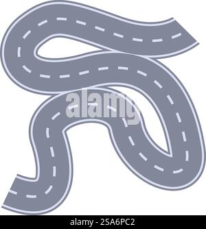 La lunga strada tortuosa grigia con contrassegni bianchi punteggiati si torce e si accende su uno sfondo bianco. La strada tortuosa va in lontananza su uno sfondo bianco Illustrazione Vettoriale