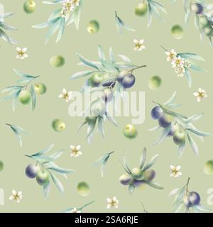 Rami di ulivo con foglie e fiori in uno stile realistico, motivo senza cuciture. Illustrazione ad acquerello verde botanico disegnato a mano con frutta verde e nera su sfondo di oliva per carta da imballaggio. Foto Stock