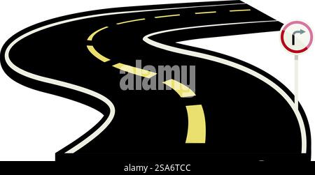La strada tortuosa sta svoltando a destra con un cartello che indica la svolta. Strada tortuosa che gira a destra con i segnali stradali illustrati Illustrazione Vettoriale