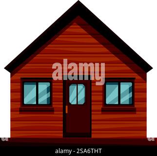 Piccola casa familiare in legno con tetto marrone e finestre, ideale per illustrazioni su immobili, architettura o costruzioni. Casa familiare suburbana in legno con portico su sfondo bianco Illustrazione Vettoriale