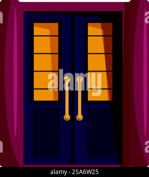 Illustrazione con ingresso chiuso a doppia porta con pannelli in vetro e maniglie dorate, perfetta per progetti relativi all'architettura e al design della casa. Ingresso a doppia porta con pannelli in vetro e maniglie dorate su sfondo bianco Illustrazione Vettoriale