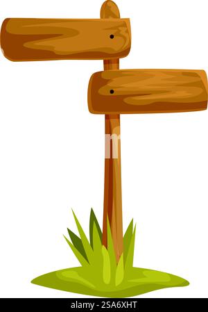 Cartello in legno vuoto in piedi sull'erba, che dà indicazioni, isolato su sfondo bianco. Due tavole di legno vuote su un palo sono pronte per il testo o le indicazioni Illustrazione Vettoriale