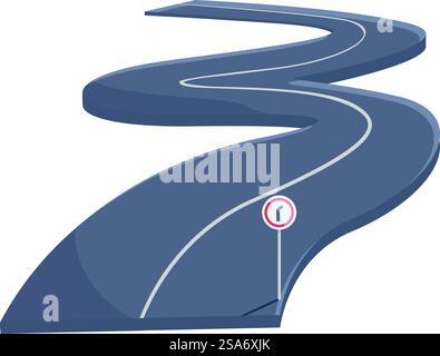 La strada lunga e tortuosa sta svoltando a sinistra e a destra con un segnale di svolta brusca. Strada tortuosa che gira a sinistra e a destra attraverso la campagna Illustrazione Vettoriale