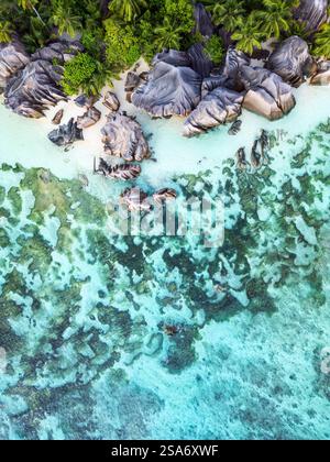 Una splendida vista aerea delle Seychelles, caratterizzata da massi di granito, lussureggiante vegetazione tropicale e acque turchesi limpide con intricati motivi della barriera corallina Foto Stock