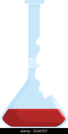 Il pallone per prodotti chimici rotti perde liquido chimico rosso. Matraccio per chimica rotto con liquido chimico rosso Illustrazione Vettoriale