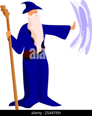 Mago sorridente che indossa una veste viola che tiene in mano il bastone di legno e lancia incantesimi magici con il gesto della mano. Potente incantesimo che regge il bastone in legno Illustrazione Vettoriale