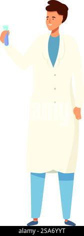 Lo scienziato sta conducendo ricerche in un laboratorio, esaminando attentamente una provetta riempita con un liquido blu. Scienziato in possesso di una provetta per test, ricerca e analisi di laboratorio Illustrazione Vettoriale