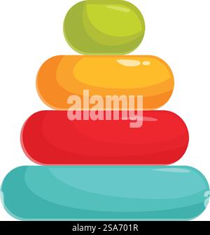 Colorata piramide in legno per aiutare i bambini a sviluppare le loro abilità motorie. Colorato anello piramidale in legno di giocattolo isolato su bianco Illustrazione Vettoriale