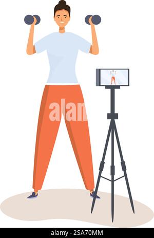 Istruttore di fitness che registra la lezione di fitness online utilizzando lo smartphone sul treppiede, promuovendo uno stile di vita sano attraverso le piattaforme online. Donna sportiva che registra lezioni di fitness online utilizzando lo smartphone sul cavalletto Illustrazione Vettoriale