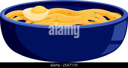 Una deliziosa ciotola di noodle di ramen viene servita con uova e cipolle verdi. Ciotola di noodle di ramen con uova e cipolle verdi servita a pranzo Illustrazione Vettoriale