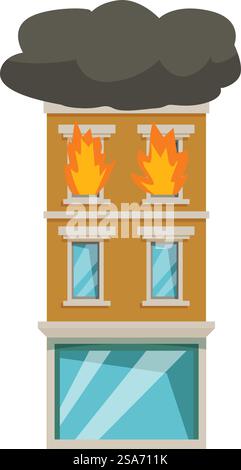 Edificio bruciato a più piani con grandi fiamme e fumo nero che fuoriesce dalle finestre. Incendio di edifici con vigili del fuoco che spengono le fiamme utilizzando il tubo dell'acqua Illustrazione Vettoriale