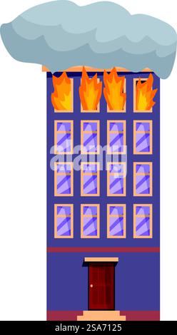 Illustrazione di un edificio a piu' piani con fumo che sporge dalle sue finestre, inghiottito di fiamme. Edificio in fiamme con fumo che fuoriesce dalle finestre è consumato dal fuoco Illustrazione Vettoriale