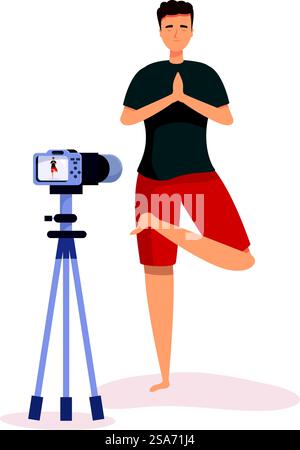 L'insegnante di yoga sta registrando una lezione online mentre è in piedi su una gamba. Insegnante di yoga che registra la lezione online con la fotocamera sul treppiede Illustrazione Vettoriale