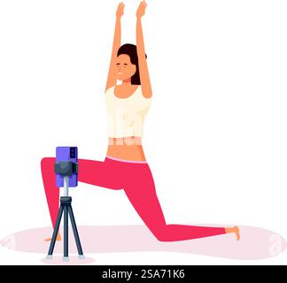 Giovane donna che pratica yoga a casa, registra la sessione con uno smartphone su un cavalletto, per condividerla online. Giovane donna che registra lezioni di yoga online utilizzando lo smartphone sul treppiede Illustrazione Vettoriale