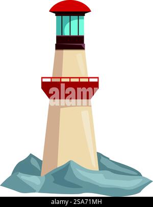 Faro rosso e bianco cartoni animati in piedi su rocce che guidano navi in mare. Faro rosso e bianco in piedi su rocce che guidano navi in mare Illustrazione Vettoriale