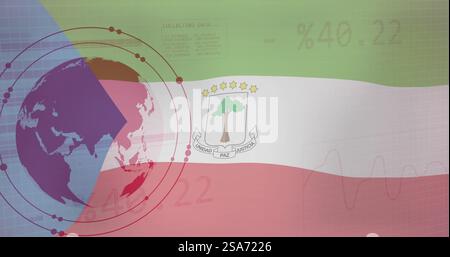 Immagine della bandiera della ghinea equatoriale su globo, grafici e dati di elaborazione Foto Stock