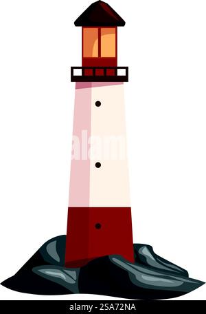 Illustrazione a cartoni animati di un faro alto rosso e bianco in piedi su rocce con una luce brillante. Alto faro rosso e bianco in piedi su rocce che guidano navi Illustrazione Vettoriale