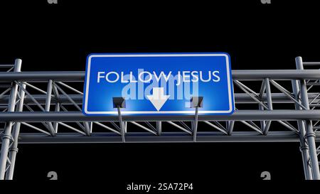 Il rendering 3D mostra un cartello stradale blu con "SEGUI GESÙ" in testo bianco e una freccia bianca rivolta verso il basso. Foto Stock