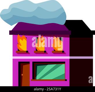 La casa a due piani e' inghiottita di fiamme, con fumo che fuoriesce dal tetto. Casa a due piani che brucia con fumo proveniente dal tetto Illustrazione Vettoriale