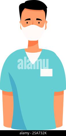 Medico in piedi nella sua uniforme blu indossando una maschera protettiva. Infermiera maschio sicura che indossa la maschera protettiva Illustrazione Vettoriale
