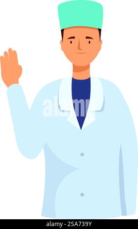 Medico amichevole che sventola la mano indossando un'uniforme medica illustrazione. Medico professionista in uniforme ondulazione mano nel saluto Illustrazione Vettoriale