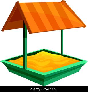 Sandbox con tetto a righe arancioni che offre ombra dal sole, perfetto per i bambini. Sandbox con tetto arancione che protegge dal sole Illustrazione Vettoriale