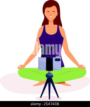 Giovane donna in abbigliamento sportivo che pratica yoga, registra video con smartphone su treppiede, concetto di lezione di yoga online. Insegnante di yoga che registra le lezioni online con lo smartphone sul treppiede Illustrazione Vettoriale