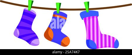 Tre calzini colorati appesi alla clothesline dopo il giorno del bucato. Tre calzini colorati si stanno asciugando su una clothesline Illustrazione Vettoriale