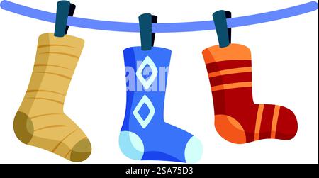 Tre calzini colorati sono appesi su una clothesline, che si asciugano dopo essere stati lavati. Calzini colorati che si asciugano sulla stoffa dopo il giorno del bucato Illustrazione Vettoriale