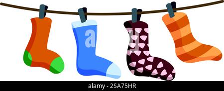 Quattro calzini sono appesi su una clothesline e si asciugano dopo essere stati lavati. Quattro calzini colorati appesi all'asciugatura della clothesline dopo il bucato Illustrazione Vettoriale