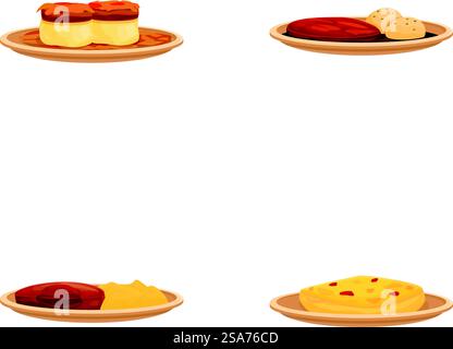 Le icone della colazione impostano il vettore dei cartoni animati. Diversi tipi di piatti. Cibo, nutrizione. Le icone della colazione impostano il vettore dei cartoni animati. Diversi tipi di piatti Illustrazione Vettoriale