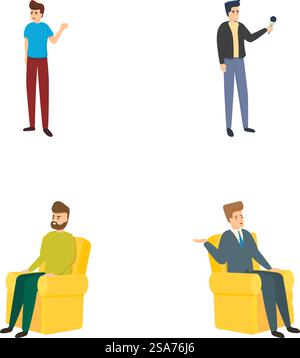 Le icone dei programmi TV impostano il vettore dei cartoni animati. Giornalista professionista e intervistatore. Intrattenimento, concetto multimediale. Le icone dei programmi TV impostano il vettore dei cartoni animati. Giornalista professionista e intervistatore Illustrazione Vettoriale