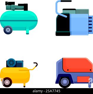 Le icone dei compressori elettrici impostano il vettore dei cartoni animati. Vari tipi di compressore dell'aria. Apparecchiature industriali. Le icone dei compressori elettrici impostano il vettore dei cartoni animati. Vari tipi di compressore dell'aria Illustrazione Vettoriale