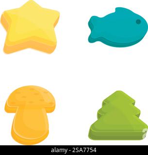 Le icone degli stampi da forno impostano il vettore dei cartoni animati. Taglierina per biscotti colorata. Accessorio da forno. Le icone degli stampi da forno impostano il vettore dei cartoni animati. Taglierina per biscotti colorata Illustrazione Vettoriale