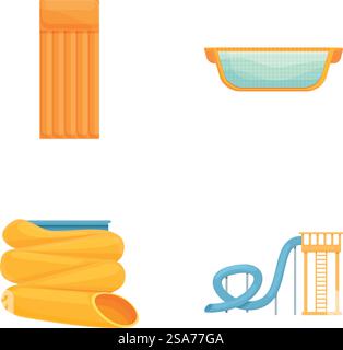 Le icone del parco acquatico impostano il vettore dei cartoni animati. Vacanze estive al parco acquatico. Attività ricreative. Le icone del parco acquatico impostano il vettore dei cartoni animati. Vacanze estive al parco acquatico Illustrazione Vettoriale