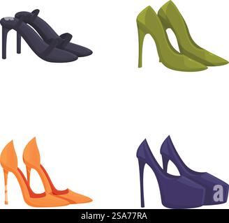 Set di quattro eleganti scarpe con tacco alto in vari design e colori. Collezione di eleganti illustrazioni con tacchi alti Illustrazione Vettoriale