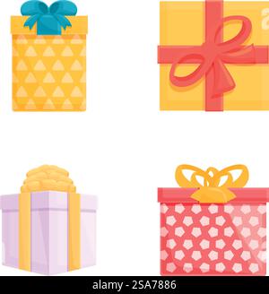Le icone delle caselle luminose impostano il vettore dei cartoni animati. Varie confezioni regalo con nastro. Sorpresa, evento festivo. Le icone delle caselle luminose impostano il vettore dei cartoni animati. Varie confezioni regalo con nastro Illustrazione Vettoriale