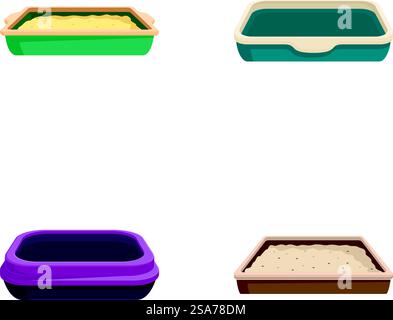 Illustrazione digitale di quattro scatole per lettiere di gatto con vari design, isolate su bianco. Set vettoriale di quattro diverse scatole per lettiera Cat Illustrazione Vettoriale