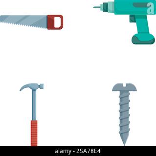 Raccolta di quattro illustrazioni vettoriali, sega manuale, trapano, martello e vite. Set di icone degli strumenti di costruzione dei cartoni animati Illustrazione Vettoriale