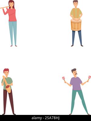 Le icone degli artisti di strada impostano il vettore dei cartoni animati. Persone che suonano vari strumenti. Festa musicale. Le icone degli artisti di strada impostano il vettore dei cartoni animati. Persone che suonano vari strumenti Illustrazione Vettoriale