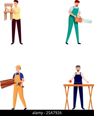 Illustrazioni di falegnami con attrezzi, impegnati in varie attività di lavorazione del legno. Set di falegnami professionali al lavoro Illustrazione Vettoriale
