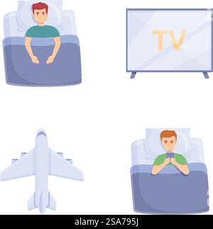 Le icone di privazione del sonno impostano il vettore dei cartoni animati. L'uomo sta a letto e non riesce a dormire. Concetto di insonnia. Le icone di privazione del sonno impostano il vettore dei cartoni animati. L'uomo sta a letto e non riesce a dormire Illustrazione Vettoriale